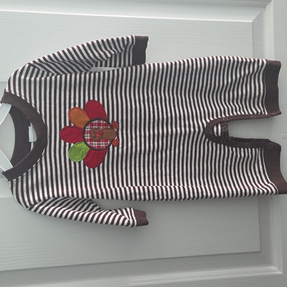 Striped Baby Romper with Turkey Design Petfect For Thanksgiving Sz 9 Month